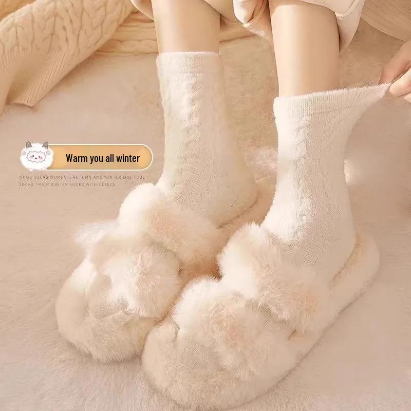Women's Thick Fluffy Cable Knit Mid-Calf Plush Socks for Cold Weather and Postpartum Comfort