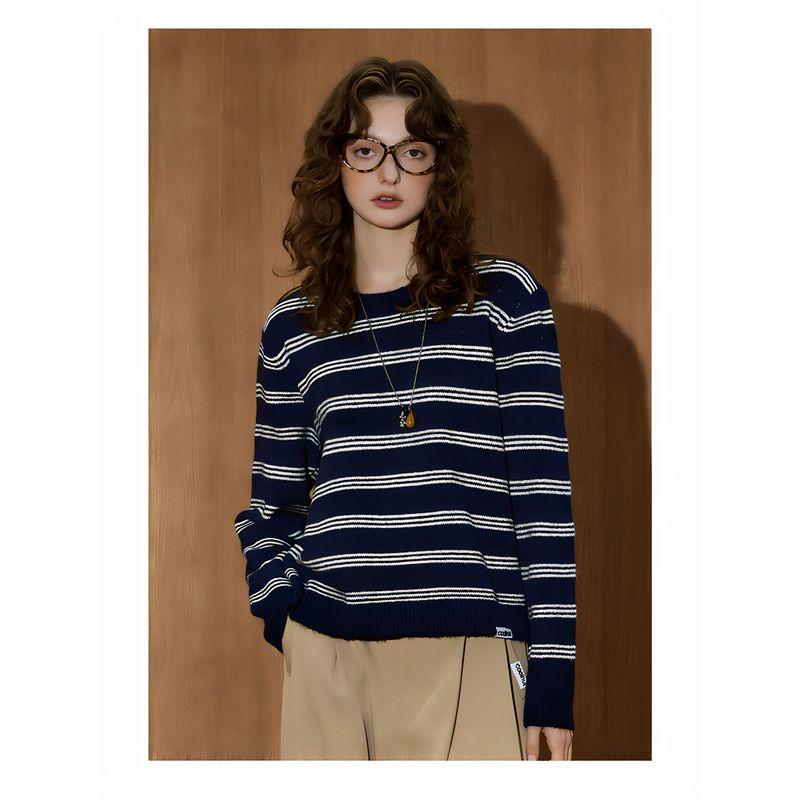 Coolhu Navy Blue Lazy Style Warm Color-Block Striped Knit Crew Neck New Women's Fashionable Versatile Sweater
