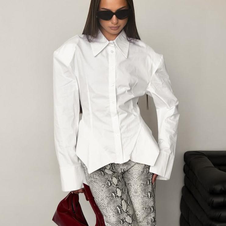 European and American Design Sense Shoulder Padded Pure Cotton Waist White Shirt Women's Versatile Casual Irregular Hem Niche Long-sleeved Shirt
