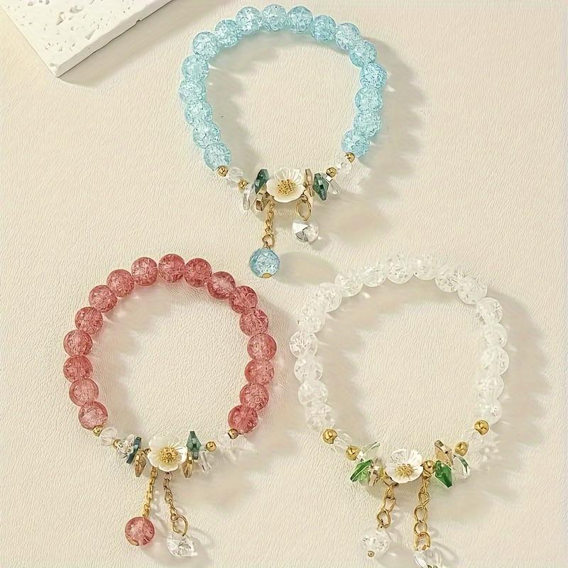 3-piece set of exquisite floral beaded design bracelets, Bohemian elegance and delicate friendship bracelets, a gift for her blue + pink + white