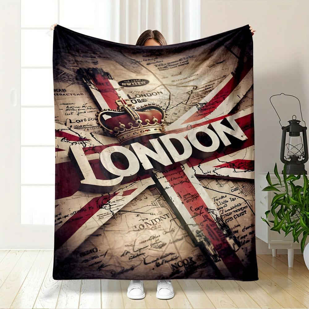 Union Jack overlaying a vintage London map with crown and bold text. for all seasons blanket lunch break throw gift