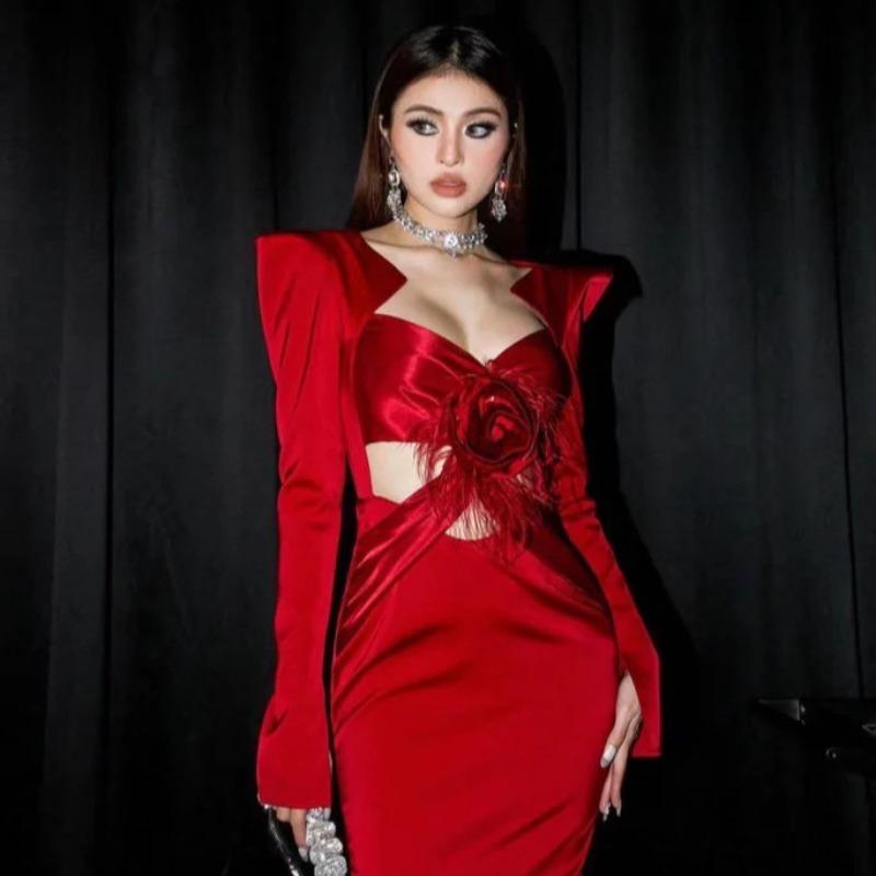 New wind bandage dress Christmas women's temperament long dress sexy long sleeve hollow evening dress