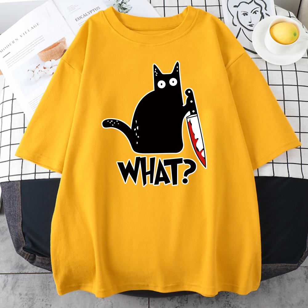 Killer Black Cat What Surprised Print Men's Cotton T-Shirt Creativity Funny Tops Oversize All-math Vintage Short Sleeve Man Tops