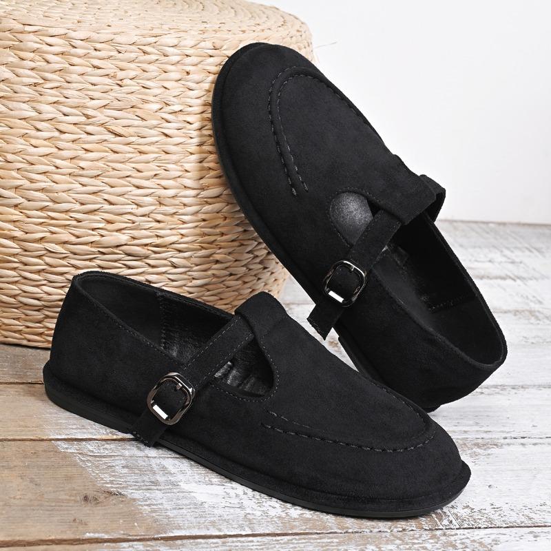 Fashion Round Toe Shallow Mouth Metal Buckle Suede Single Shoes Spring New Soft Sole Non-slip Wear-resistant Flat Shoes