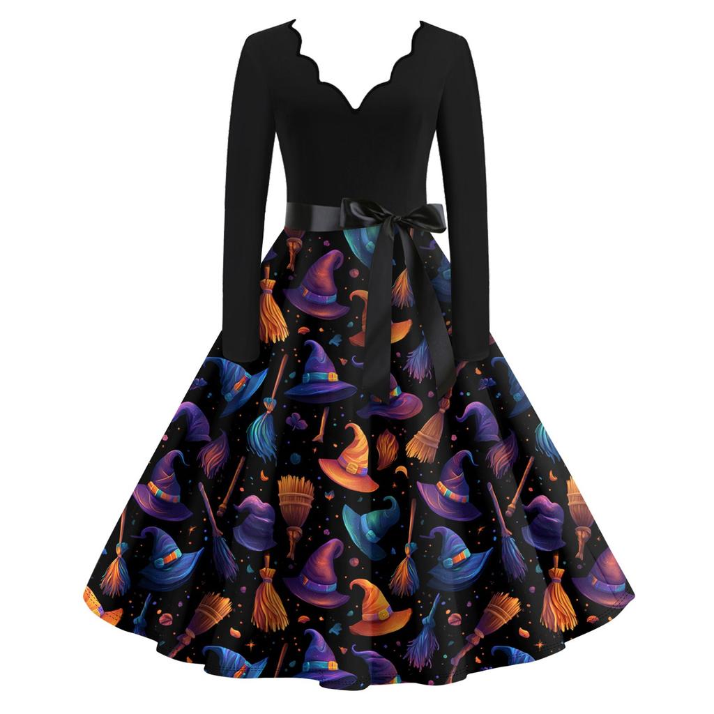 Women's Casual Fashion Long Sleeve Halloween Graphic Printed Vintage Long Dresses