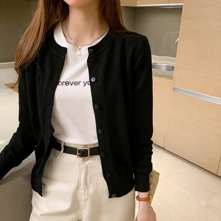 Women Spring Autumn Round Neck Casual Cardigans Knitted Cardigan Jacket Solid Color Slim Jumpers Female