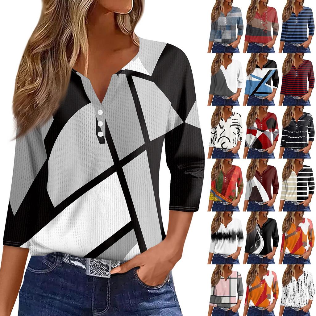 Women's T Shirt Tee  Print Button  3/4 Sleeve Knit Sweater Daily Weekend Fashion Basic V- Neck Regular Top