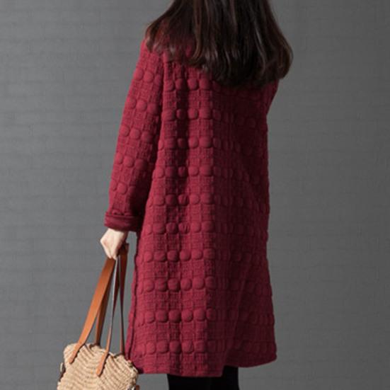Lady Dress Solid Color Stand Collar Casual Loose Knee Length Winter Dress for
