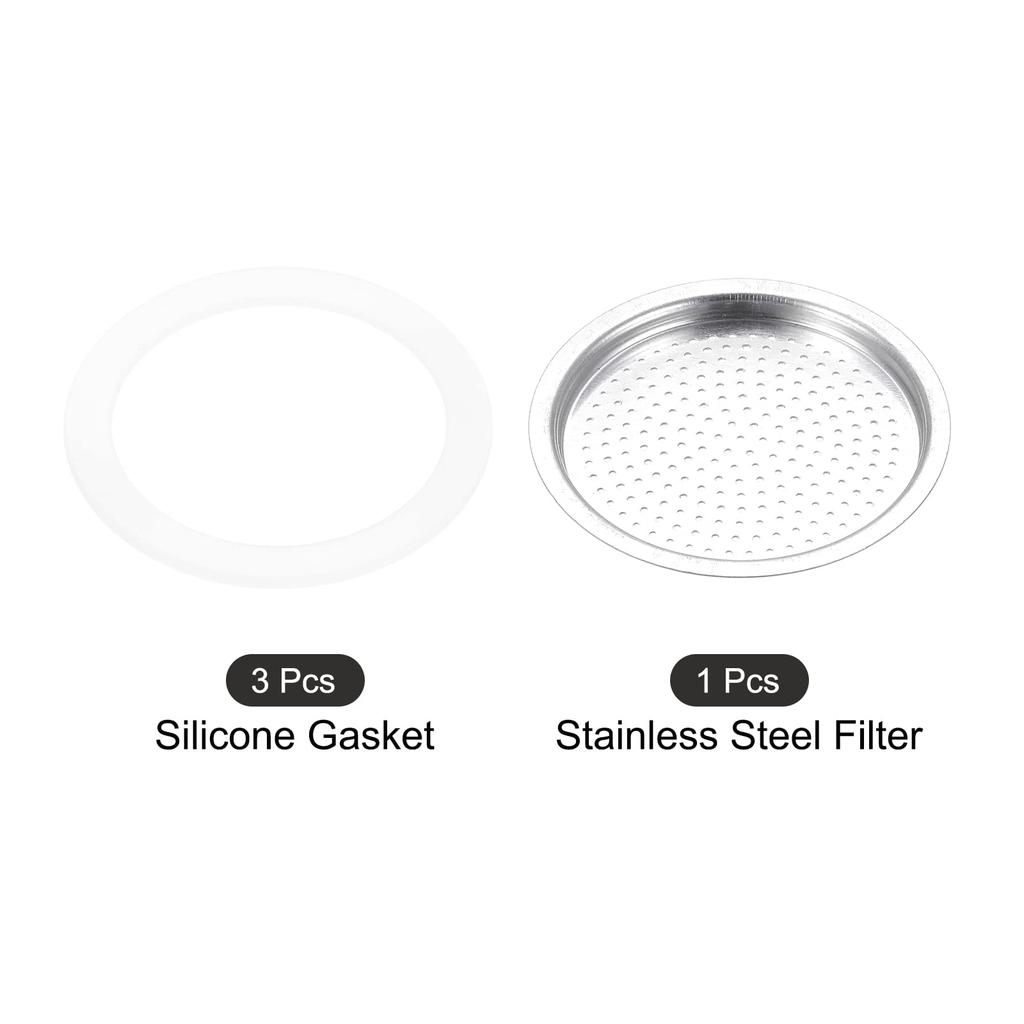 Uxcell Silicone Gasket for 2-Cup Moka Coffee Pot, 42x55mm (1 Piece) and Stainless Steel Filter Screens, 48x42mm (3 Pieces)