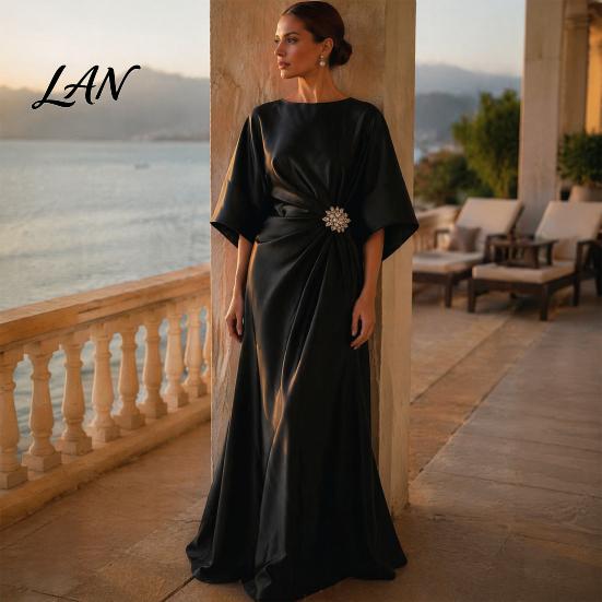 Lightweight Summer Dress Women's Satin Batwing Sleeve Maxi Dress, Rhinestone Accent Crew Neck Elegant Solid Color Evening Party A Line Formal Wedding