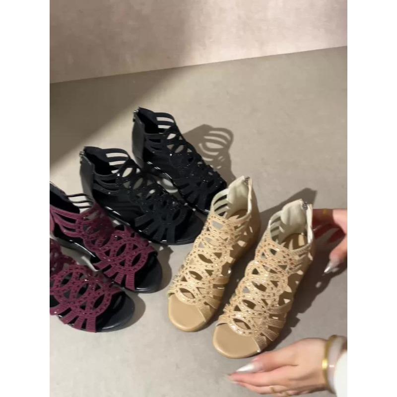 Elegant Women'S Sandals with Rhinestone Embellishments, Open-Toe Ankle Strap, Lightweight Comfortable Summer Shoes In Black & Beige