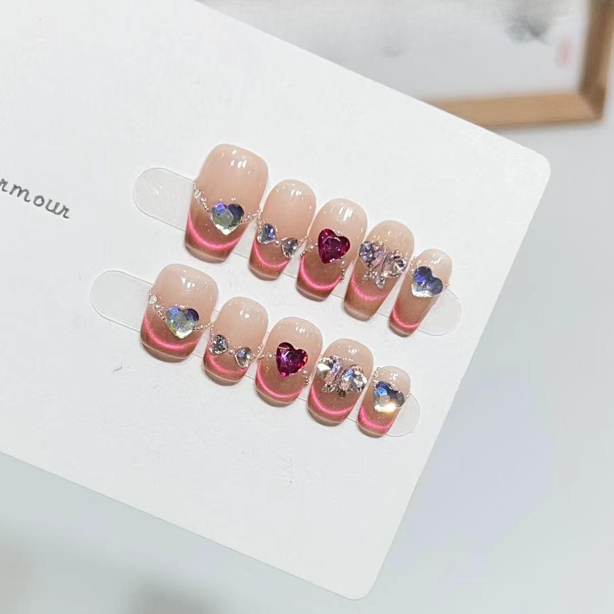 

История Розы Маникюр Ношение Брони Ручная Работа Накладные Наклейки для Ногтей Ледяной Прозрачный Кошачий Глаз Французский Любовь Бриллиант large L