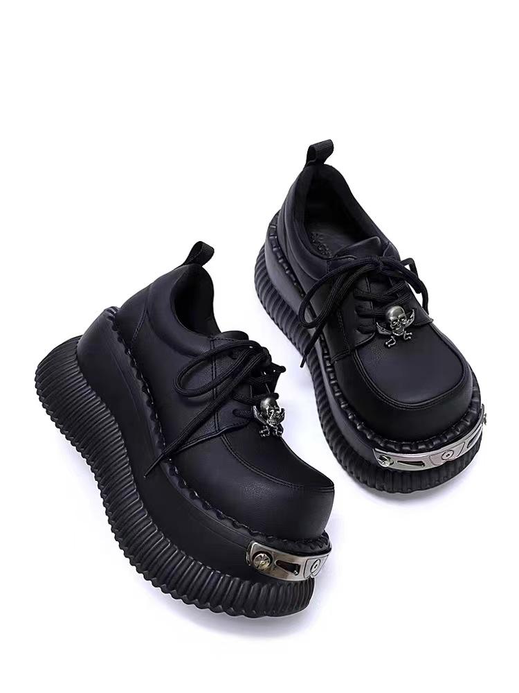 Women's Metal Decorated Round Toe Thick-soled Loafers for Women High-heeled Lace-up Fashionable Solid Color Low-top Shoes