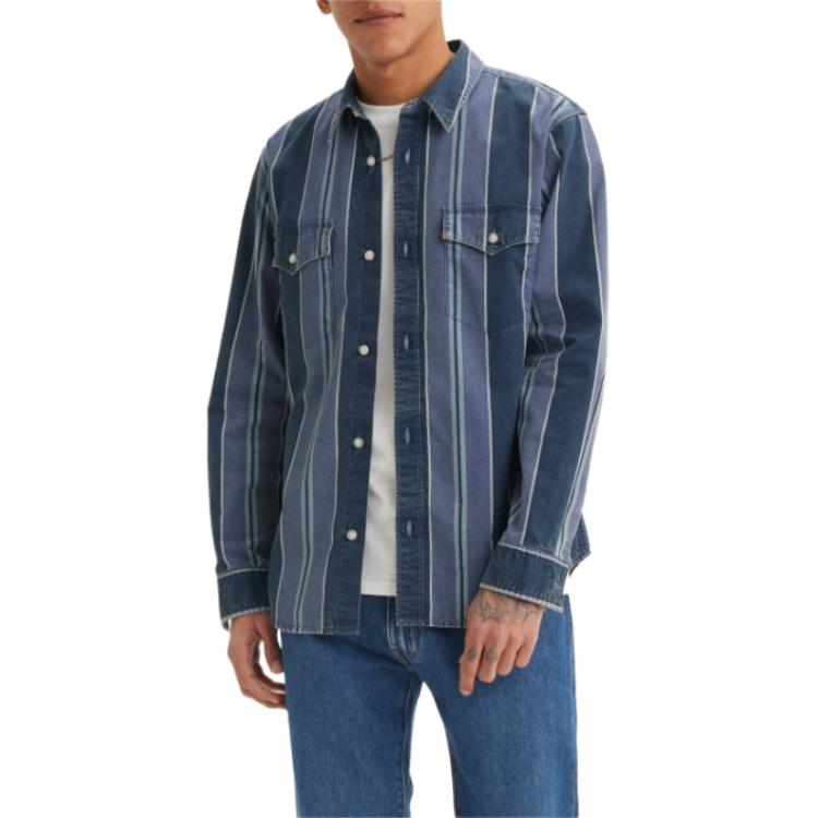 Levis Striped Loose Western Long Sleeve Shirt Men shirts Blue A1919-0040