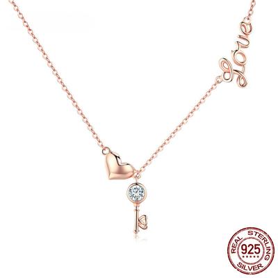 Romantic 925 Sterling Silver Key Lock To Heart Pendant Necklaces Women Gold Color Necklace Sterling Silver Jewelry