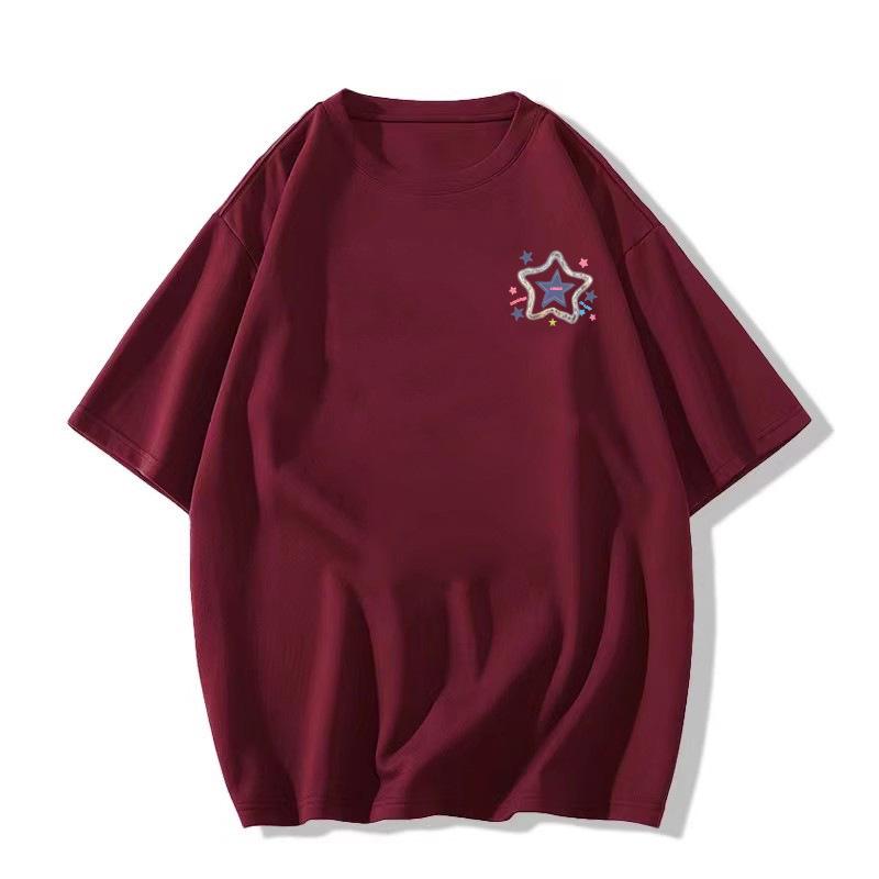 

Женская хлопковая футболка черного цвета с принтом звезд больших размеров, с коротким рукавом, в корейском стиле, свободного кроя, летняя коллекция 2025 года M вино красного
