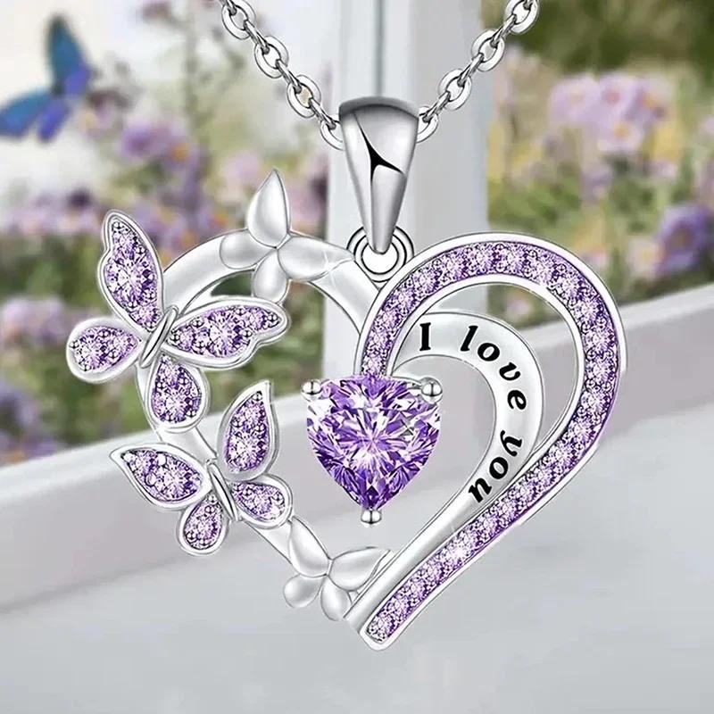Purple/White Butterfly Love Pendant Necklace  Aesthetic Women'S Fashion Jewelry For Wedding Party Trendy Female Accessory