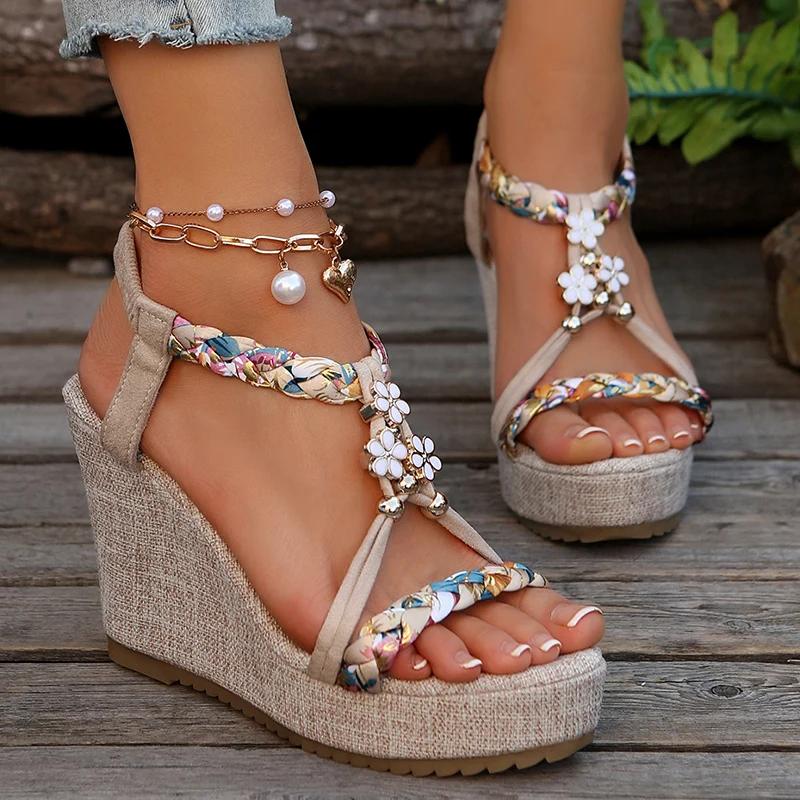 Fashion Printed Weaving Wedge Sandals for Women 2025 Summer Thick Bottom Beach Shoes Woman Flower Decor Chunky Platform Sandalias Mujer