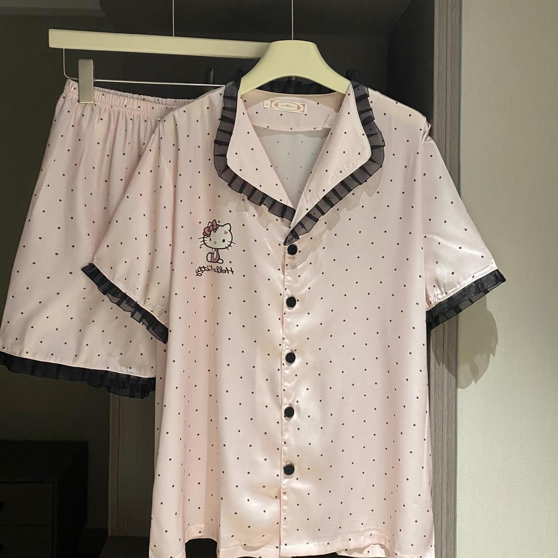 

Polka dot lace kitty cat pajamas women s summer new short-sleeved Japanese cute student loungewear suit outer wear S [recommended weight 80-95]