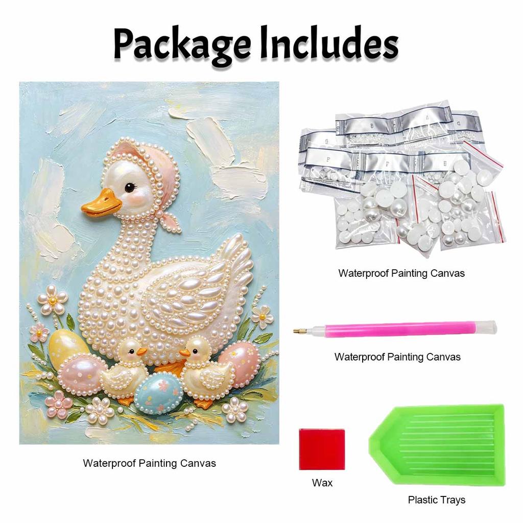 DIY Frameless Pearl Painting Kit Cute Duck Family 3D Shiny Bead Art Canvas Relaxing Creative Craft for Home Wall Decor Gift