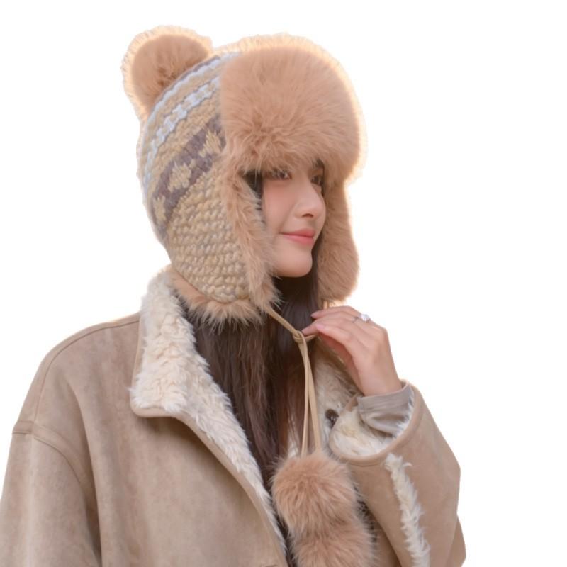 New winter women's warm ear cap thickened pom-pom Lei Feng hat outdoor cold-proof ski cap manufacturer