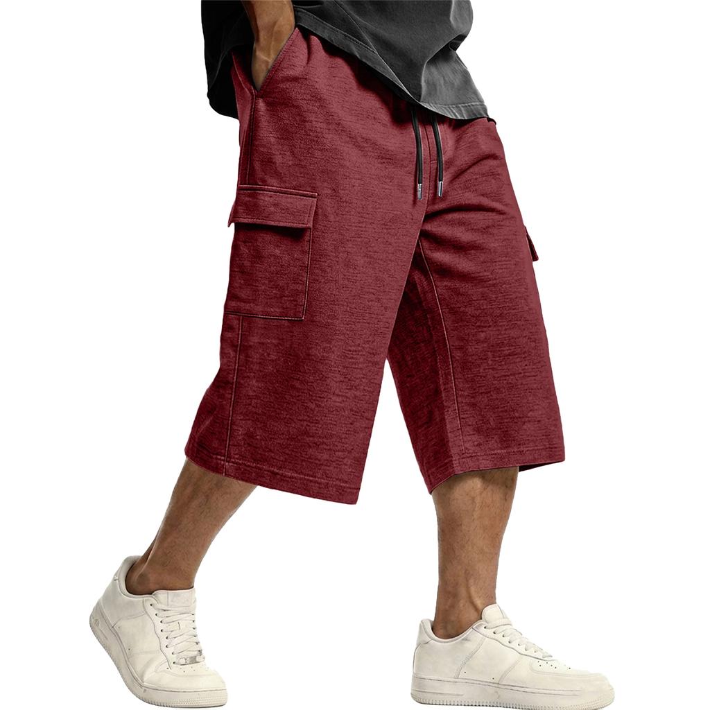 Men's Casual Drawstring Cargo Shorts Knee Length Loose Fit Lightweight Breathable Fabric with Multiple Pockets for Everyday Wear