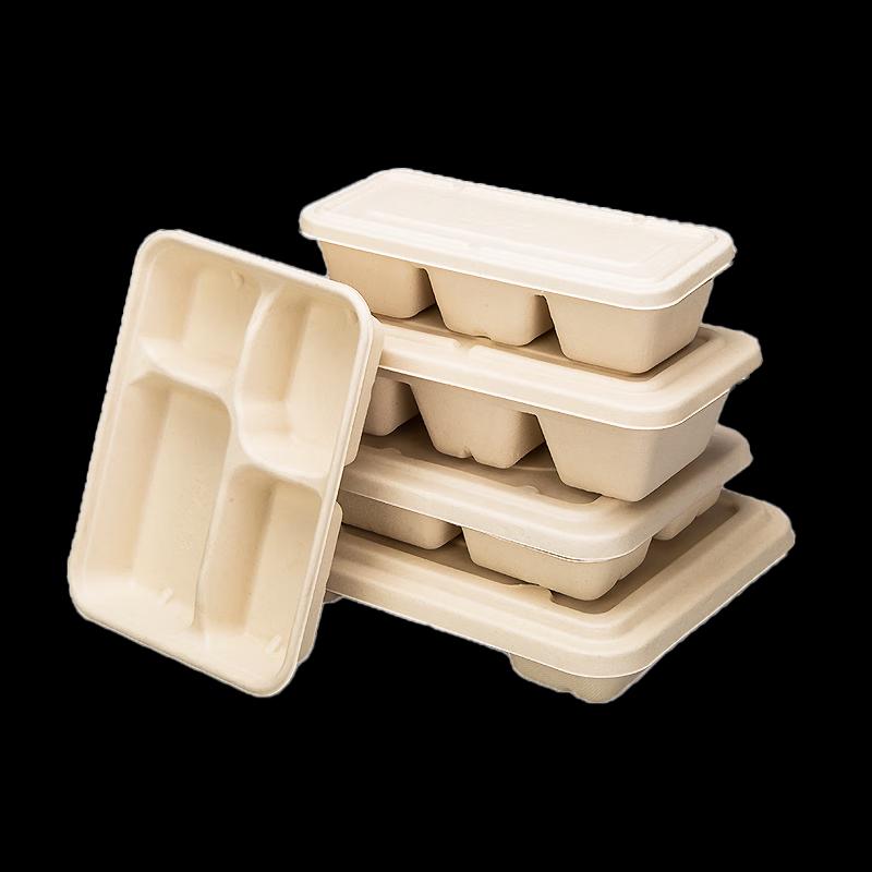 HUIWEN Disposable 4-Compartment Paper Pulp Meal Box with PP Lid