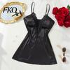 Robe de nuit en satin pour femme, Chemise de nuit en dentelle, Déshabillé complet sexy léger d'été, Babydoll Vêtements de nuit, Sans manches, Col en V, Mini robe de nuit avec empiècement