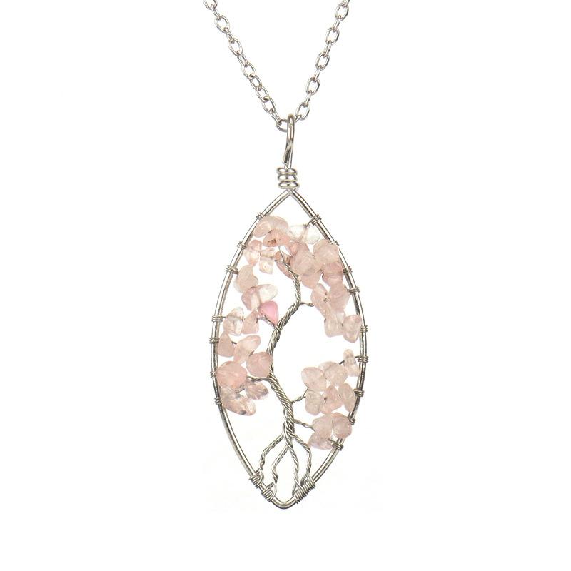 Hand-Wrapped Silver Natural Gravel Tree Of Life Necklace, Curved Crystal Lucky Tree Leaf Necklace N04
