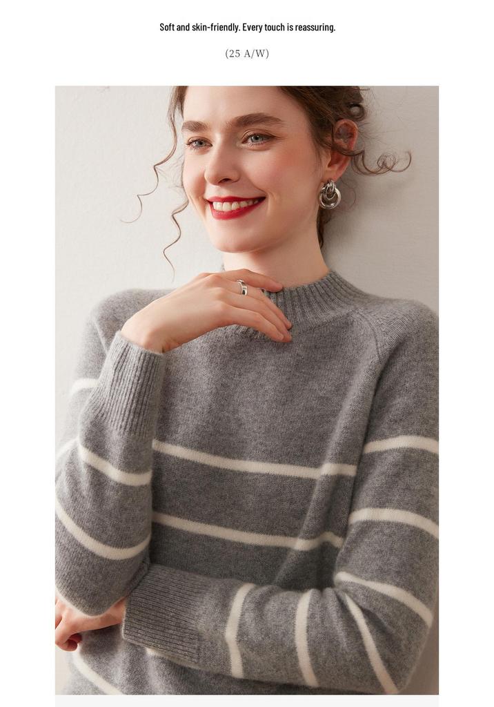 High-Neck Retro Black & White Striped Cashmere Sweater – Women's Long Sleeve Pullover for Autumn & Winter