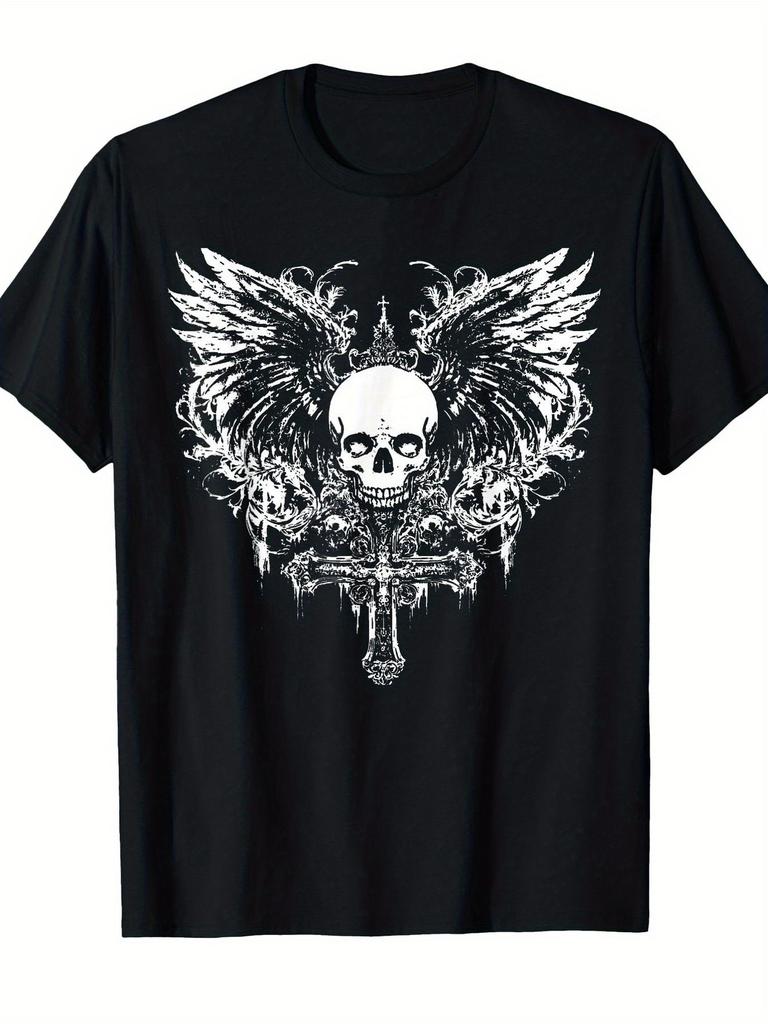 Unisex T-shirt Gothic Emo Y2K Grunge Aesthetic T-Shirt with Skull Cross And Bat Wing Goth Symbols - Soft Breat