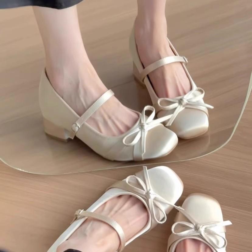 Height Increase of 7cm~ Satin Bow Mary Jane Women's Shoes High Heel 2025 New French Thick Heel Single Shoes Ballet Shoes