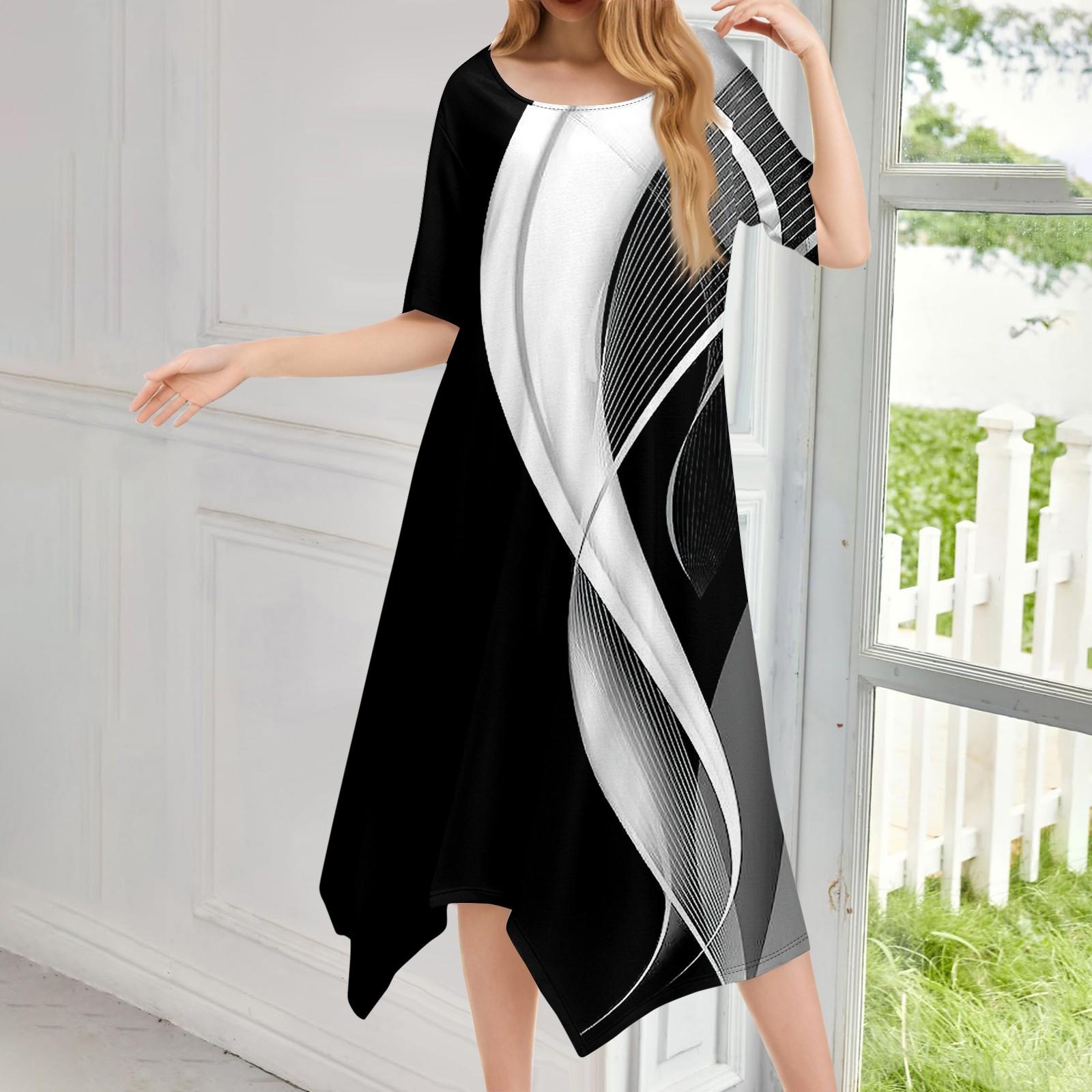 

Женское повседневное модное платье миди с круглым вырезом и коротким рукавом с принтом и неровным подолом XXL чёрный