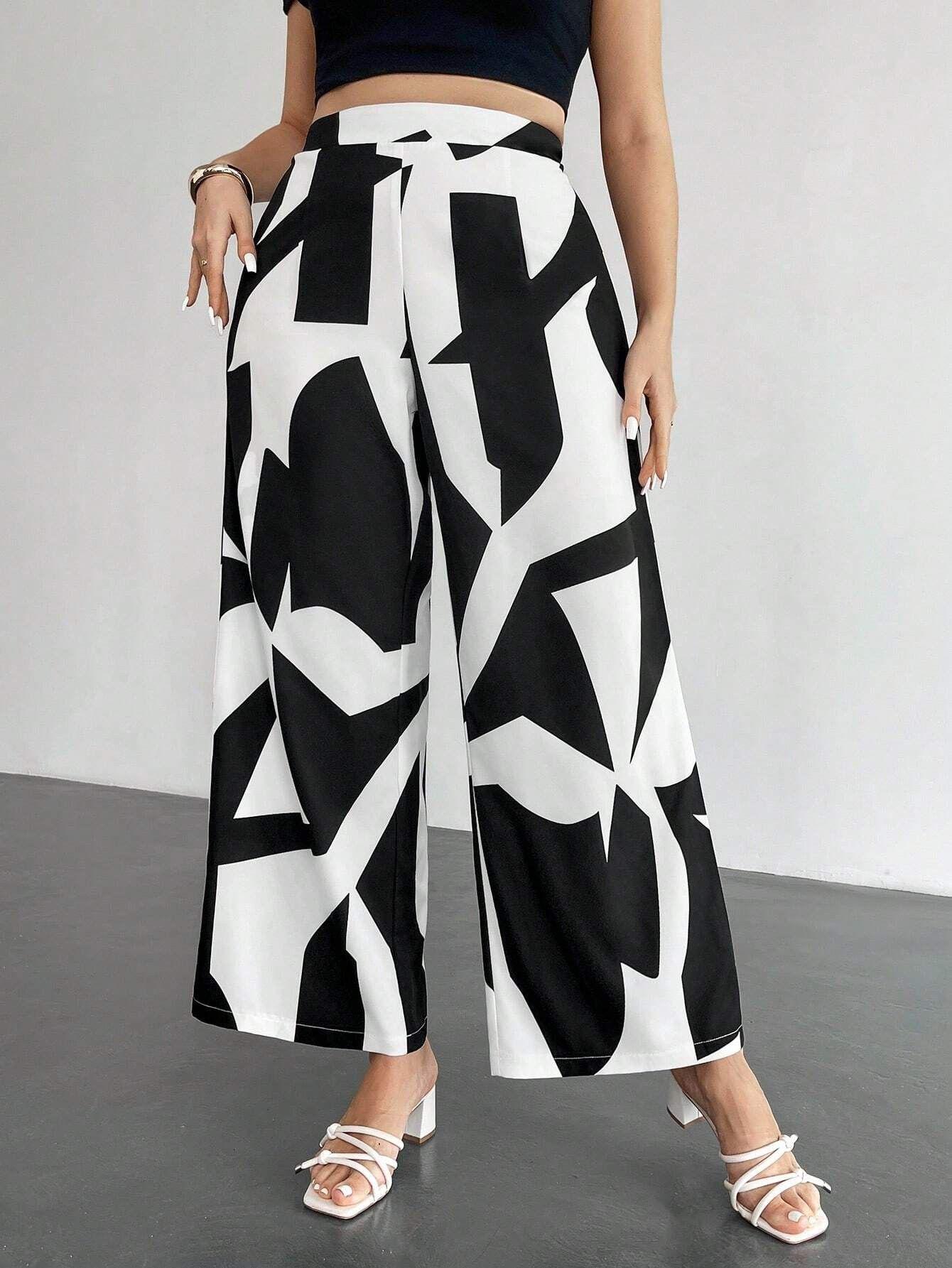 

2025 Geometric Print High-Waisted Wide-Leg Women s Pants Extra Large чёрный/белый