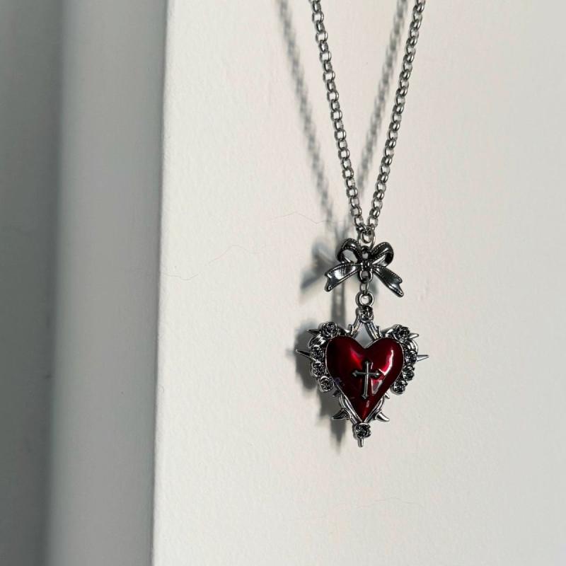 Y2k Gothic Jewelry Bow Cross Heart Necklace For Girls Vintage Accessories Rose Goth Collares Chain For Women Man Punk Necklace