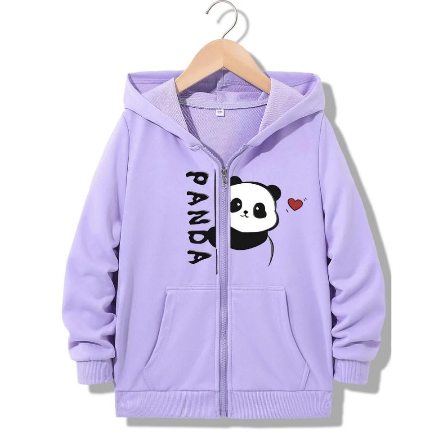 Casual Hooded Jacket Kids Black Zip Up Hoodie Split Peeking Panda Red Heart And Vertical Panda Letter Graphic Long Sleeve Pocket