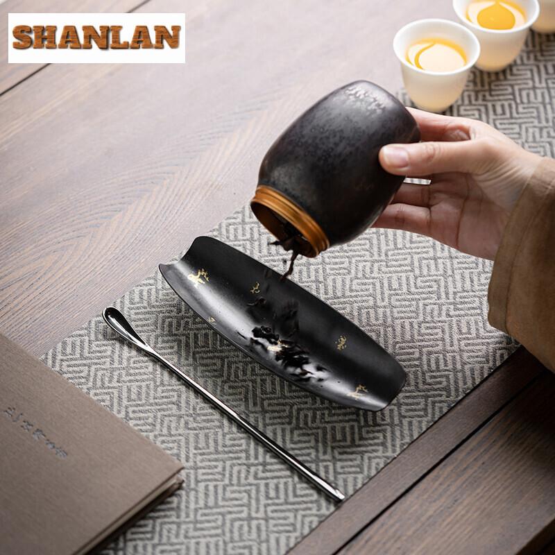 Retro Lacquer Phase Metallic Iron Tea Scoop Vintage Tea Leaf Holder Shovel Chahe Appreciation Ladle Chinese Tea Cafes Collection