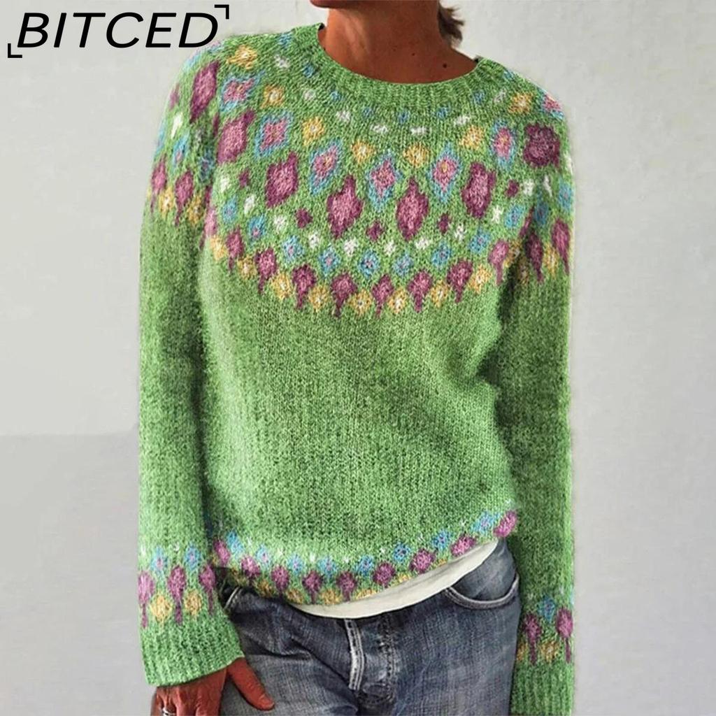 BITCED Women's Sweater - O-Neck Color-Blocked Oversized Fashion Pullover Knit