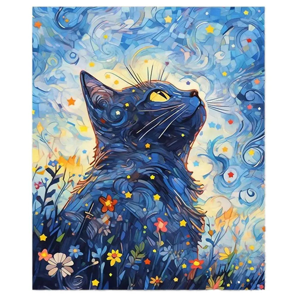 Paint By Numbers Kit For Adults Beginner Black Cat Acrylic Starry Sky Oil Paint Canvas With Brushes Paintwork Art Crafts V3Z5