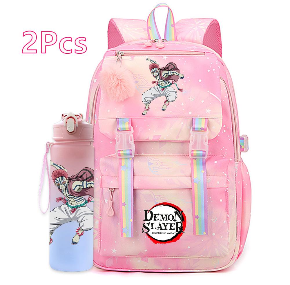 2Pcs/set Cartoon Demon Slayer Printed Backpack with 750Ml Water Bottler for Teenager Bookbag Large Capacity Waterproof Travel Bag