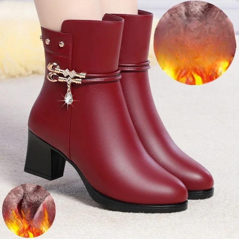 

New Large-size Mid-calf Boots with Thick Heels, Thick-soled Boots with Added Fleece Lining, Women s Shoes 42 бордовий