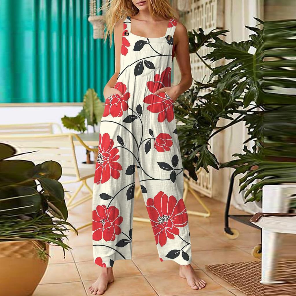 Women's Casual Jumpsuit Sleeveless Fashion Floral Print Jumpsuit