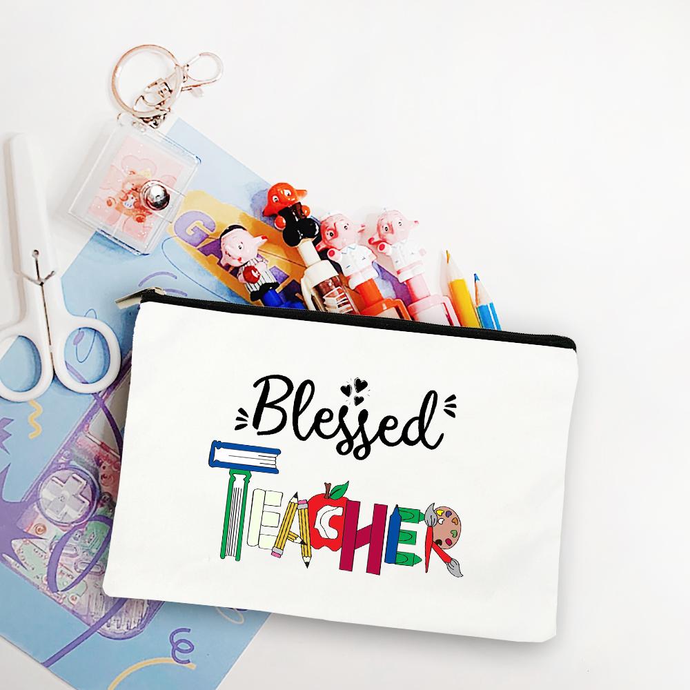 Blessed Teacher Life Leopard Makeup Bags Student White Pencil Pouch Teacher Shopping Handbag Storage Bag Teachers' Day Best Gift
