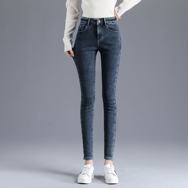 Jeans épais en polaire pour femme, nouveau, taille haute, chauds et fins, élastiques, serrés, polyvalents, pantalon crayon, hiver