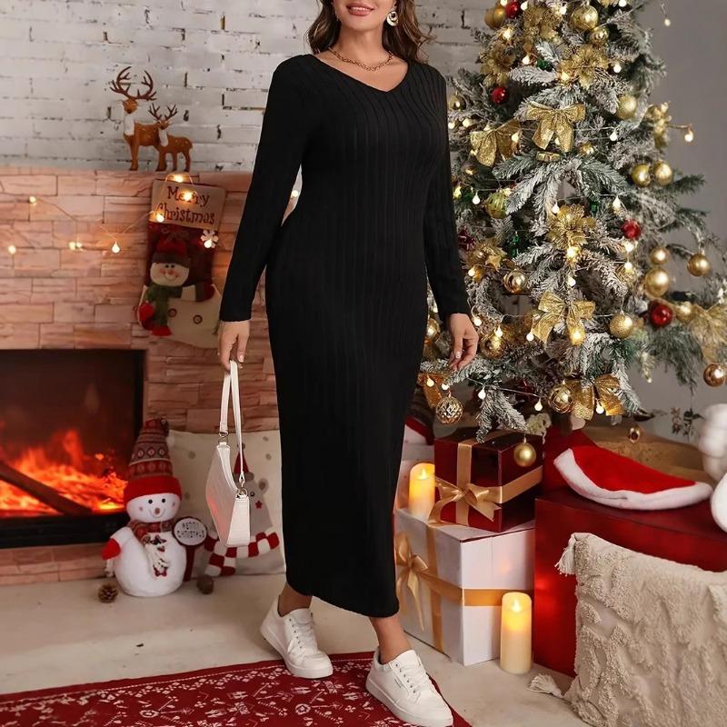 Damen Übergröße Herbst Langarm V-Ausschnitt Strick Einfarbiges Kleid