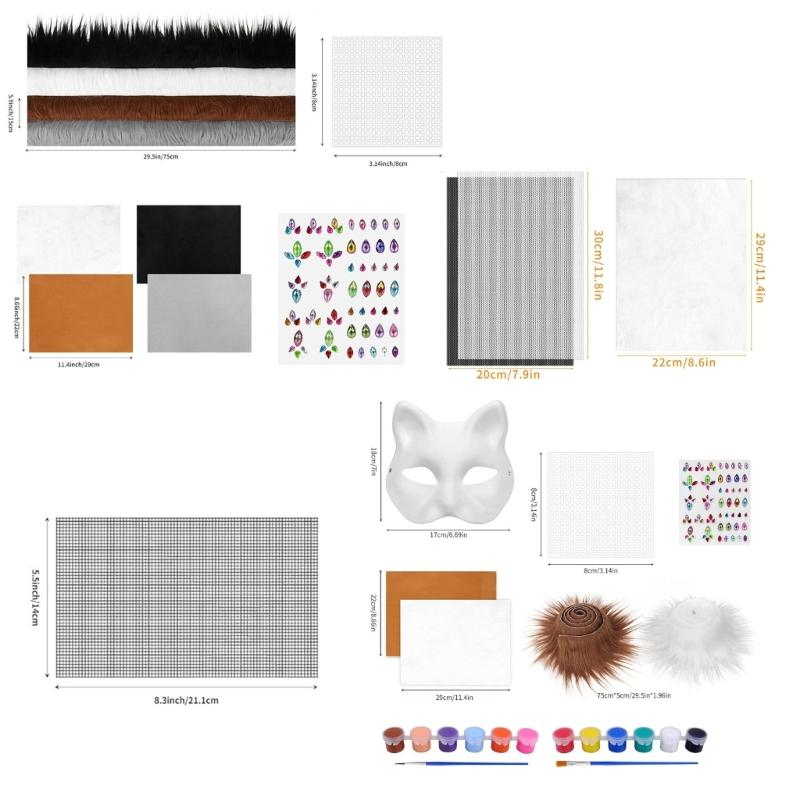 Therian Masken Set Felle, Augennetz, Filzbogen DIY Füchse Katzen Maske zum Bemalen Pelzige Tiermaske Ausrüstung für Halloween Cosplay