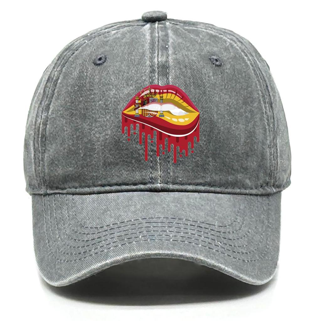 Spain Flag Lip Print Snapback Baseball Hat, Patriotic Sports Hat Vintage Hip Hop Breathable Distressed Adjustable Baseball Cap