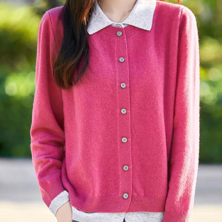 Double-layer Fake Two-piece Wool Knitted Cardigan Women's POLO Lapel Contrasting Color Loose Cashmere Sweater Jacket
