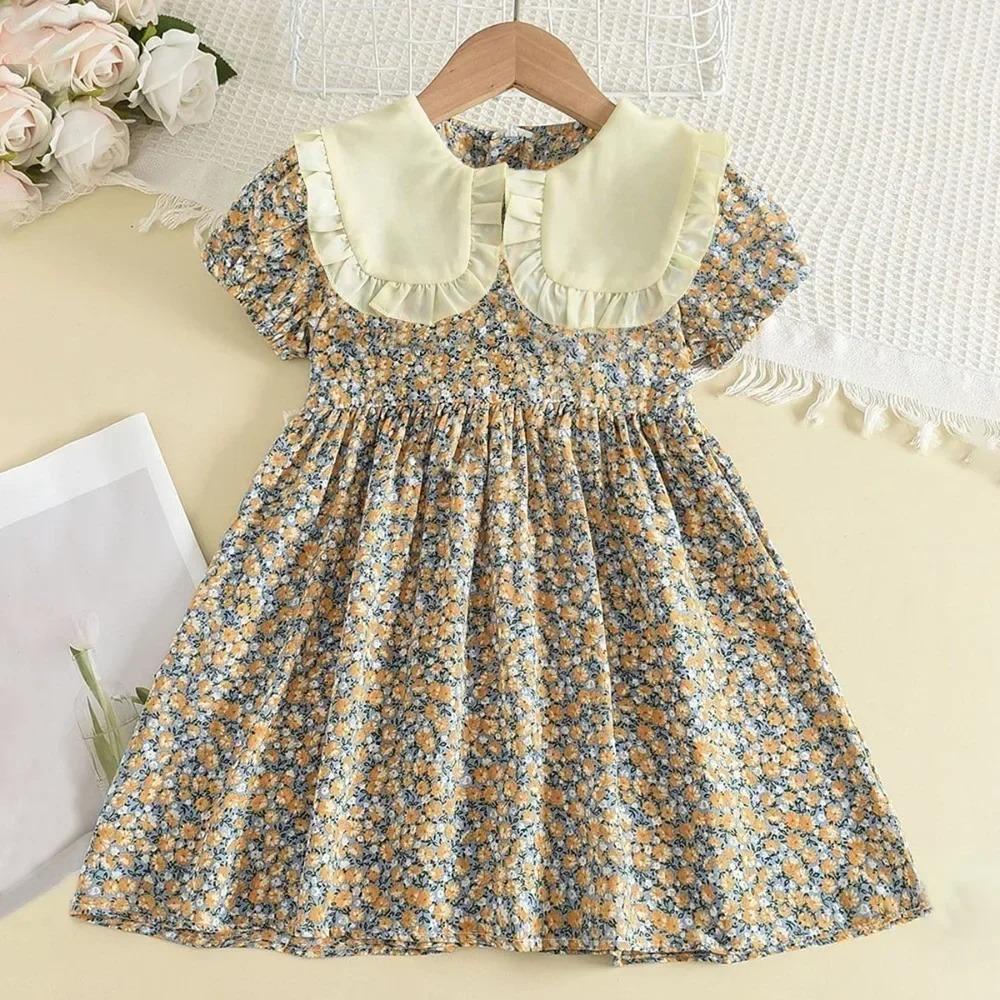 Big Lapel Bow Floral Skirt Summer Korean Style Girls Children's Clothing Doll Collar Dress Puff Sleeves Waist Princess Skirt
