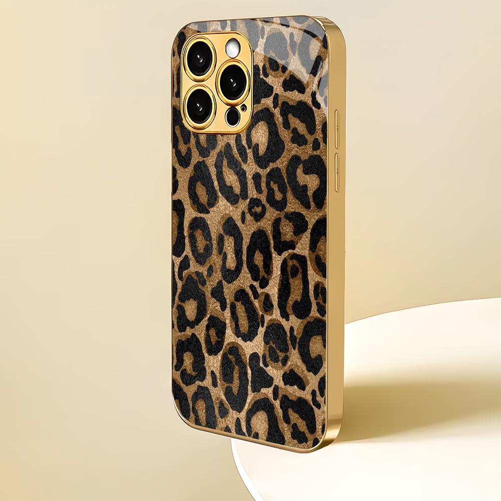 Leopard print electroplated gold glass phone case suitable for iPhone 17 16 15 14 13 12 11 Pro/Max/Plus shockproof back cover